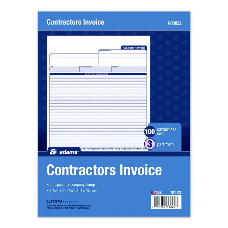 Adams Multipart Contractor Invoice Forms, Three-Part Carbonless, 8.5 x 10.94, 100 Forms Total (ABFNC3822)