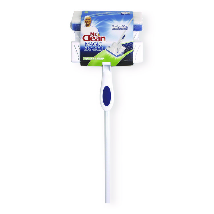 Mr. Clean Magic Eraser Squeeze Mop, Blue/White Magic Eraser Sponge Head, 54.7" White Handle (PGC757848)