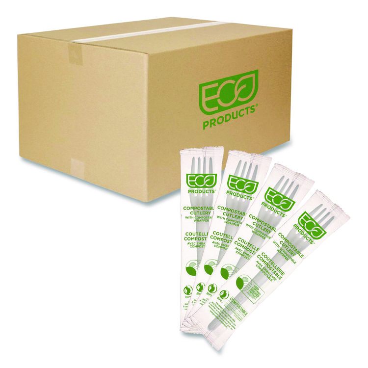 Eco-Products Plantware CPLA Cutlery, Individually Wrapped, Fork, Plastic, White, 1,000/Carton (ECOEPS017W)