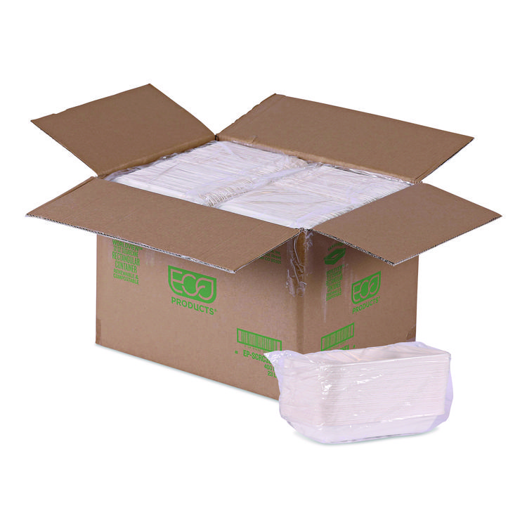 Eco-Products WorldView Vanguard Rectangular Container, 32 oz, 4.71 x 7.01 x 1.04, White, Sugarcane Fiber, 400/Carton (ECOEPSCRC32NFA)