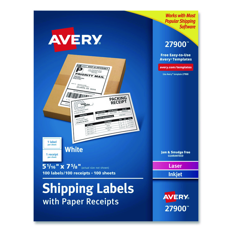 Avery Shipping Labels with Paper Receipt Bulk Pack, Inkjet/Laser Printers, 5.06 x 7.63, White, 100/Box (AVE27900)