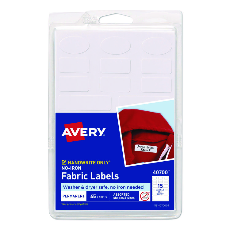 AVE40700 - Avery Avery Kids No-Iron Fabric Labels, Handwrite Only, Assorted Shapes and Sizes, White, 15 Labels/Sheet, 3 Sheets/Pack (AVE40700)