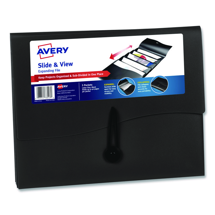 Avery Slide and View Expanding File, 5 Sections, Cord/Hook Closure, Letter Size, Black (AVE73517)