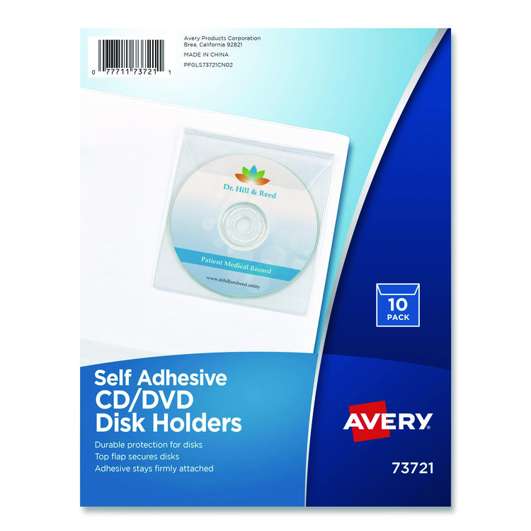 Avery Self-Adhesive Media Pockets, 1 Disc Capacity, Clear, 10/Pack (AVE73721)