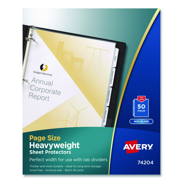 Avery Page Size Heavyweight Three-Hole Punched Sheet Protector, Top Load 8.5 x 11 Insert, Nonglare Clear Front, 50/Box (AVE74204)