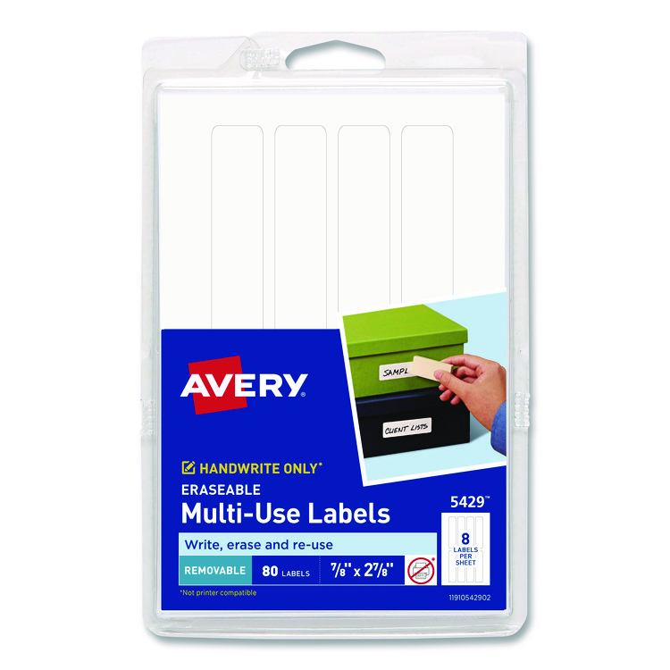 Avery Erasable ID Labels, Inkjet/Laser Printers, 0.88 x 2.88, White, 8/Sheet, 10 Sheets/Pack (AVE5429)