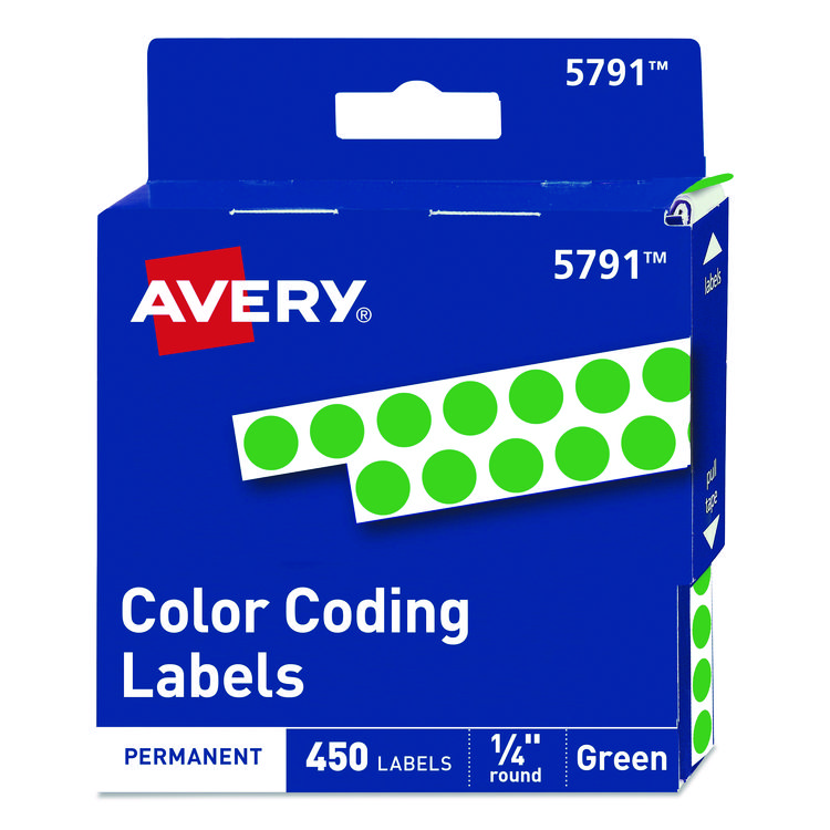 Avery Handwrite-Only Permanent Self-Adhesive Round Color-Coding Labels in Dispensers, 0.25" dia, Green, 450/Roll, (5791) (AVE05791)