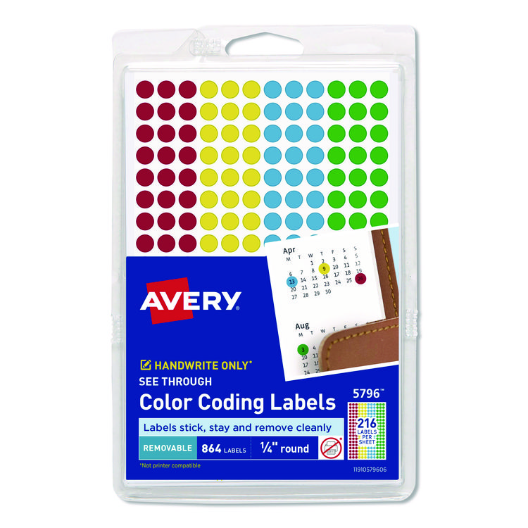 Avery Handwrite-Only Self-Adhesive "See Through" Removable Round Color Dots, 0.25" dia, Assorted, 216/Sheet, 4 Sheets/Pack, (5796) (AVE05796)