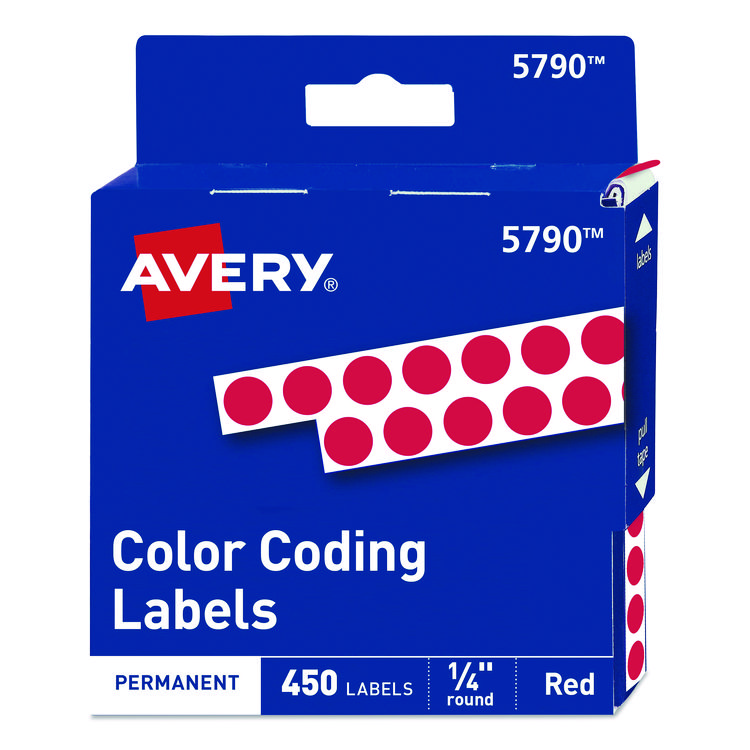 Avery Handwrite-Only Permanent Self-Adhesive Round Color-Coding Labels in Dispensers, 0.25" dia, Red, 450/Roll, (5790) (AVE05790)