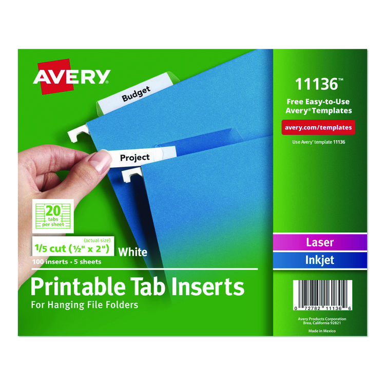 Avery Tabs Inserts For Hanging File Folders, 1/5-Cut, White, 2" Wide, 100/Pack (AVE11136)