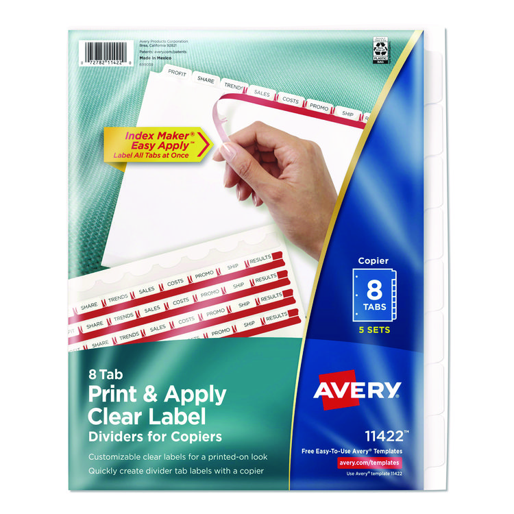 Avery Print and Apply Index Maker Clear Label Dividers, Copiers, 8-Tab, 11 x 8.5, White, 5 Sets (AVE11422)