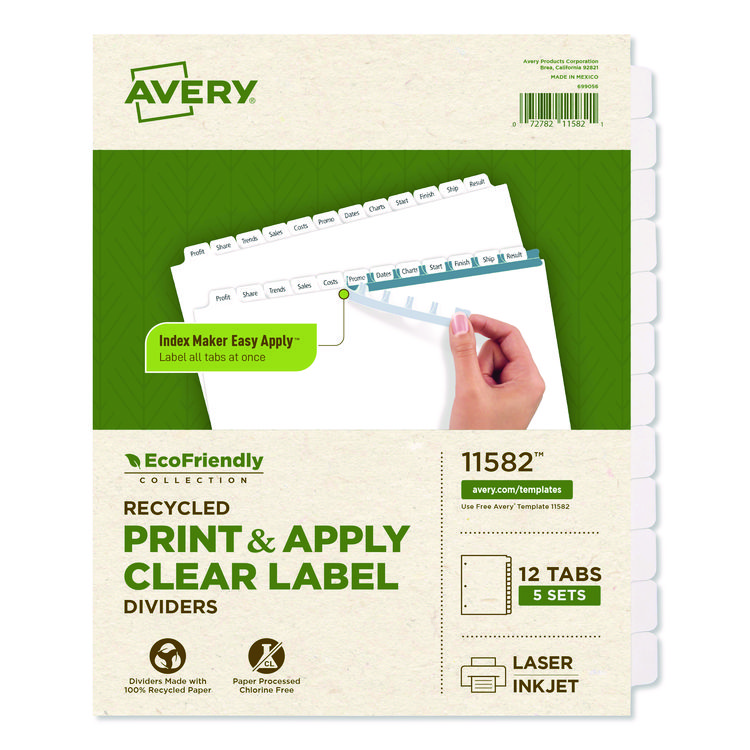 Avery Index Maker EcoFriendly Print and Apply Clear Label Dividers with White Tabs, 12-Tab, 11 x 8.5, White, 5 Sets (AVE11582)