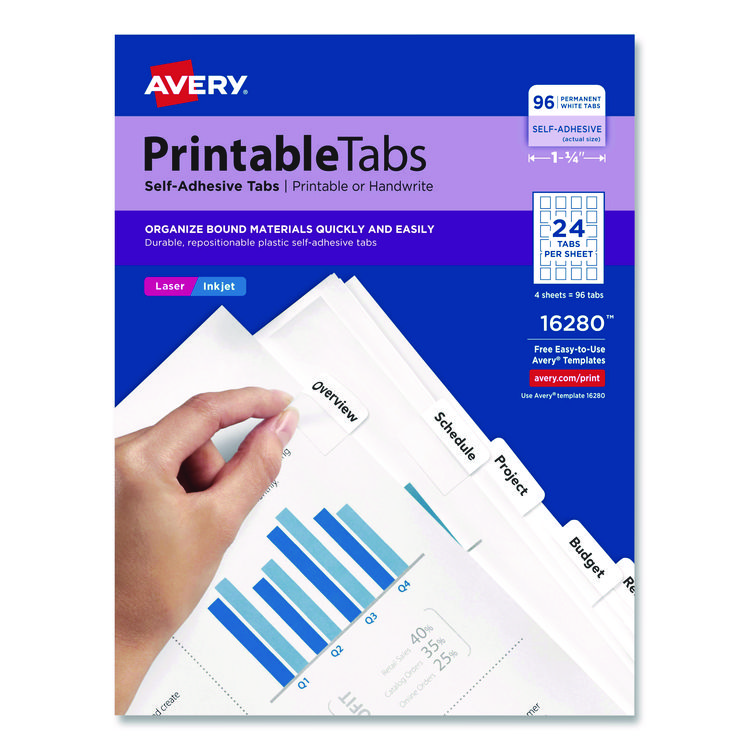 Avery Printable Plastic Tabs with Repositionable Adhesive, 1/5-Cut, White, 1.25" Wide, 96/Pack (AVE16280)