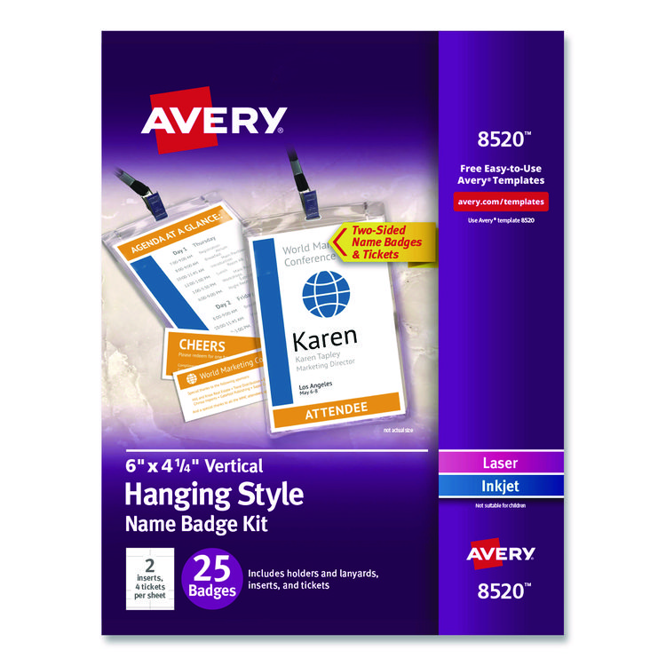 Avery Lanyard-Style Badge Holder w/Laser/Inkjet Inserts, Top Load, 4.25 x 6, WE, 25/PK (AVE8520)