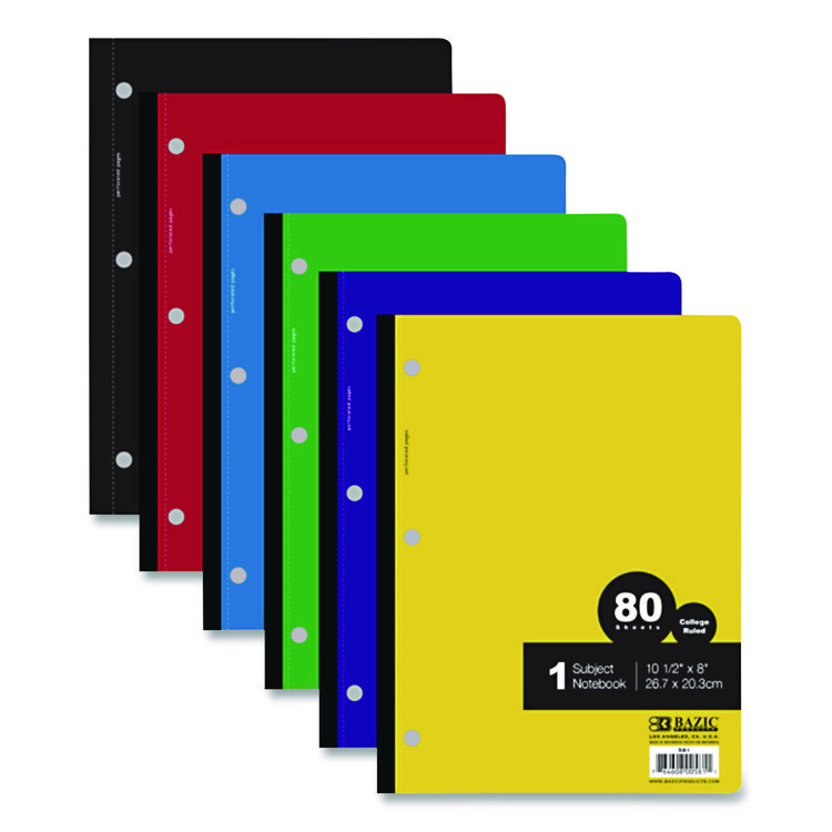BAZIC PRODUCTS Wireless Notebooks, 1-Subject, Medium/College Rule, Randomly Assorted Cover Color, (80) 10.5 x 7.5 Sheets (BAZ581)
