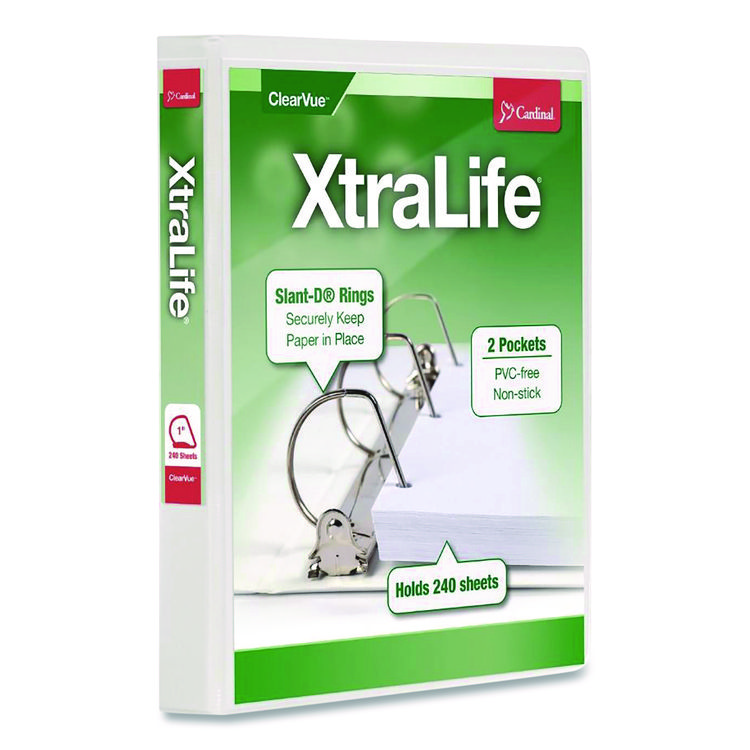 Cardinal XtraLife ClearVue Non-Stick Slant-D Ring Binder, 3 Rings, 1" Capacity, 11 x 8.5, White (CRD26300)