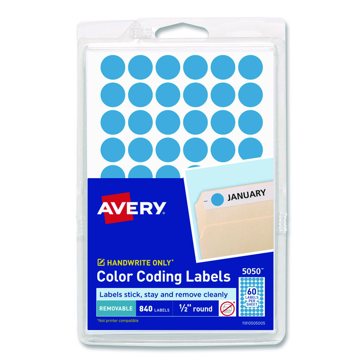 Avery Handwrite Only Self-Adhesive Removable Round Color-Coding Labels, 0.5" dia, Light Blue, 60/Sheet, 14 Sheets/Pack, (5050) (AVE05050)