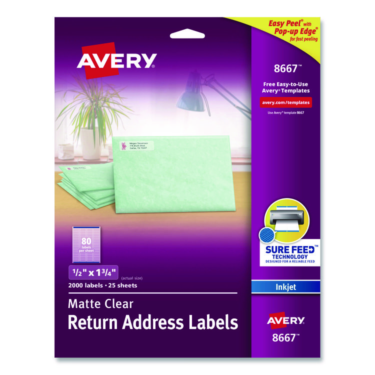 Avery Matte Clear Easy Peel Mailing Labels with Sure Feed Technology, Inkjet Printers, 0.5 x 1.75, Clear, 80/Sheet, 25 Sheets/Pack (AVE8667)