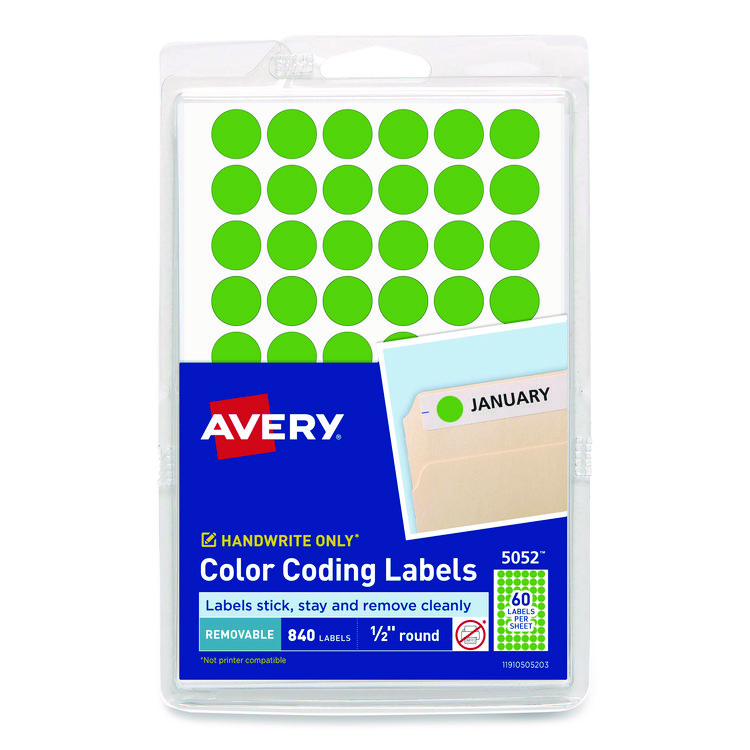 Avery Handwrite Only Self-Adhesive Removable Round Color-Coding Labels, 0.5" dia, Neon Green, 60/Sheet, 14 Sheets/Pack, (5052) (AVE05052)