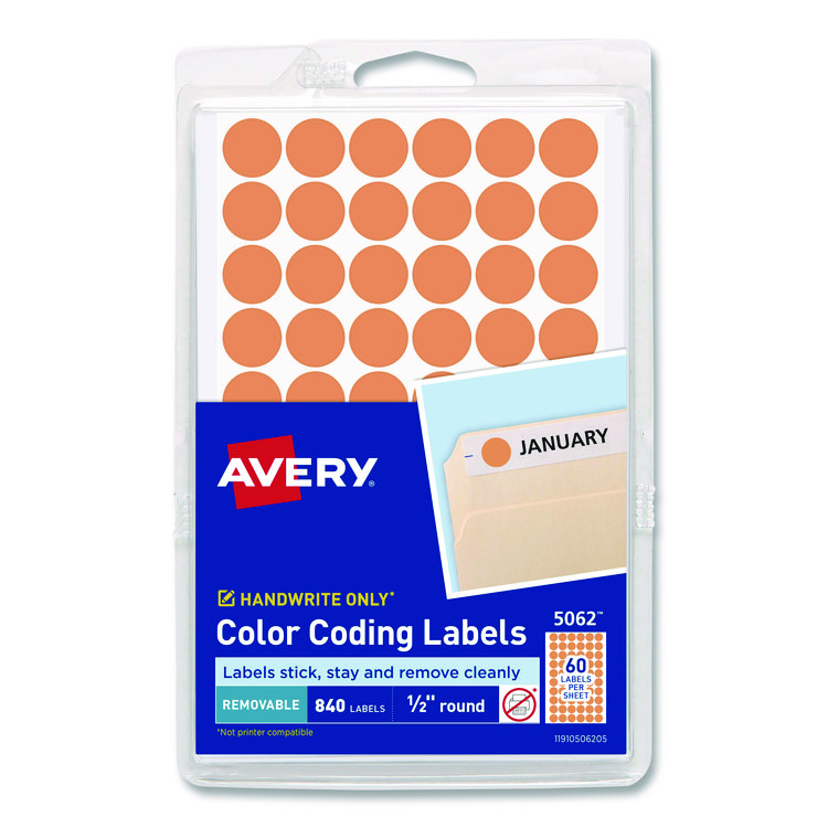 Avery Handwrite Only Self-Adhesive Removable Round Color-Coding Labels, 0.5" dia, Neon Orange, 60/Sheet, 14 Sheets/Pack, (5062) (AVE05062)