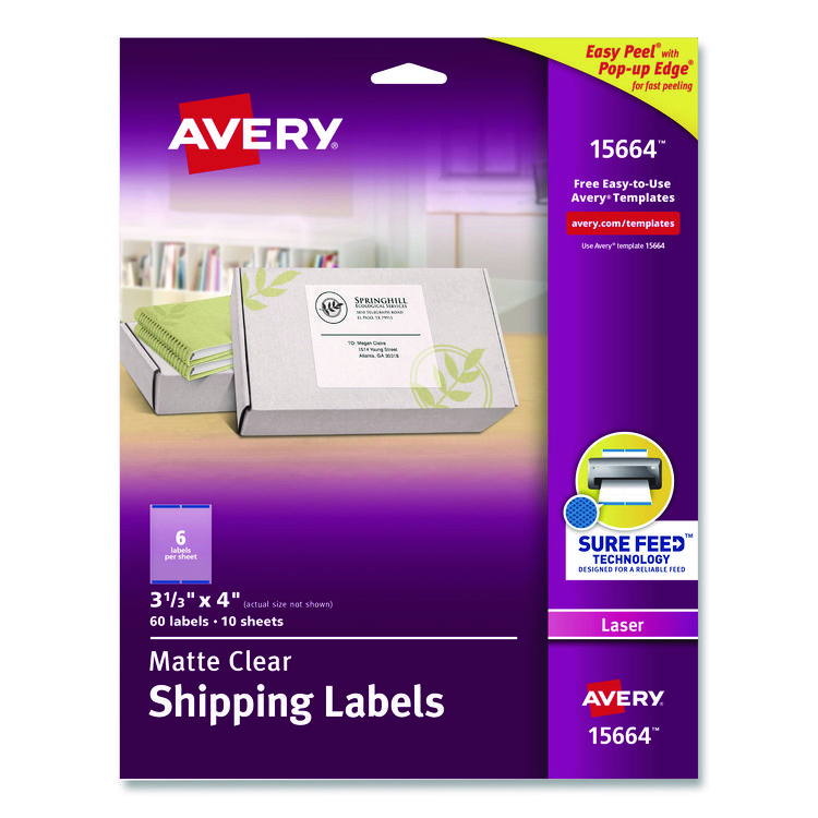 Avery Matte Clear Easy Peel Mailing Labels w/ Sure Feed Technology, Laser Printers, 3.33 x 4, Clear, 6/Sheet, 10 Sheets/Pack (AVE15664)