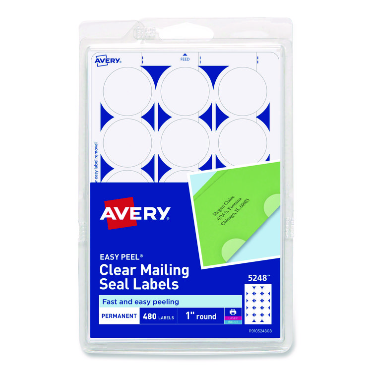 Avery Printable Mailing Seals, 1" dia, Clear, 15/Sheet, 32 Sheets/Pack, (5248) (AVE05248)