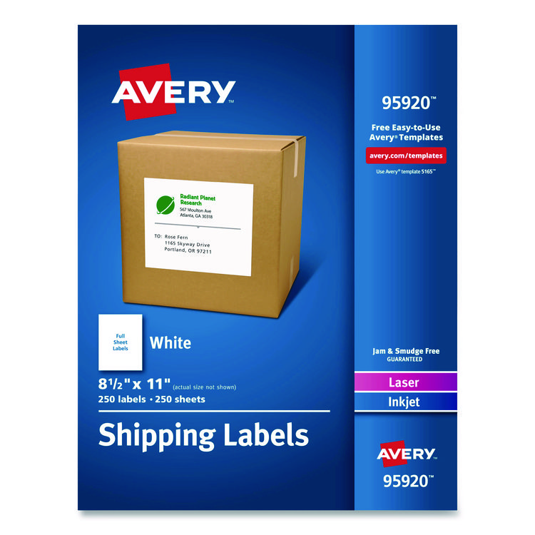Avery White Shipping Labels-Bulk Packs, Inkjet/Laser Printers, 8.5 x 11, White, 250/Box (AVE95920)