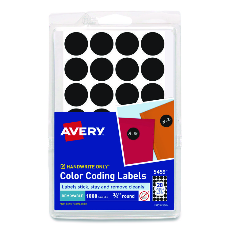 Avery Handwrite Only Self-Adhesive Removable Round Color-Coding Labels, 0.75" dia, Black, 28/Sheet, 36 Sheets/Pack, (5459) (AVE05459)