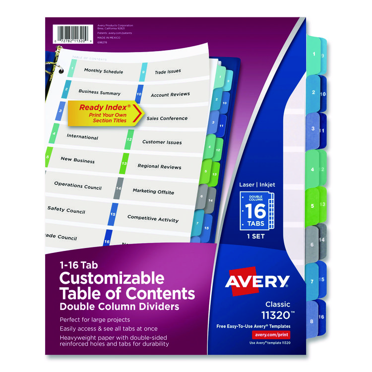 Avery Customizable TOC Ready Index Double Column Multicolor Tab Dividers, 16-Tab, 1 to 16, 11 x 8.5, White, 1 Set (AVE11320)