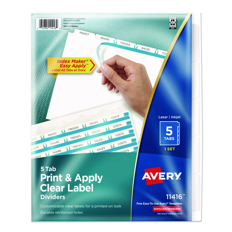 Avery Print and Apply Index Maker Clear Label Dividers with Printable Label Strip and White Tabs, 5-Tab, 11 x 8.5, White, 1 Set (AVE11416)