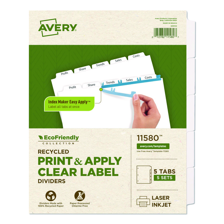 Avery Index Maker EcoFriendly Print and Apply Clear Label Dividers with White Tabs, 5-Tab, 11 x 8.5, White, 5 Sets (AVE11580)