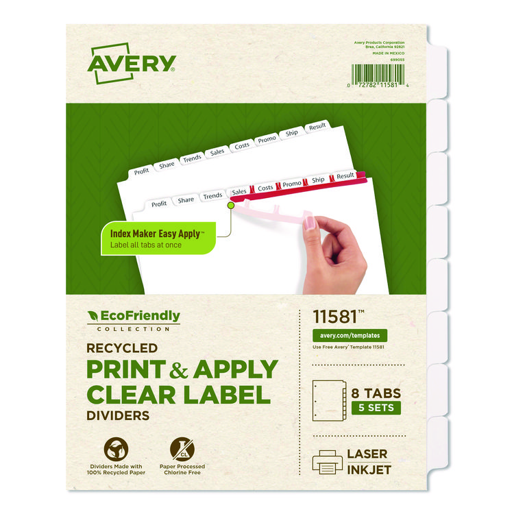 Avery Index Maker EcoFriendly Print and Apply Clear Label Dividers with White Tabs, 8-Tab, 11 x 8.5, White, 5 Sets (AVE11581)