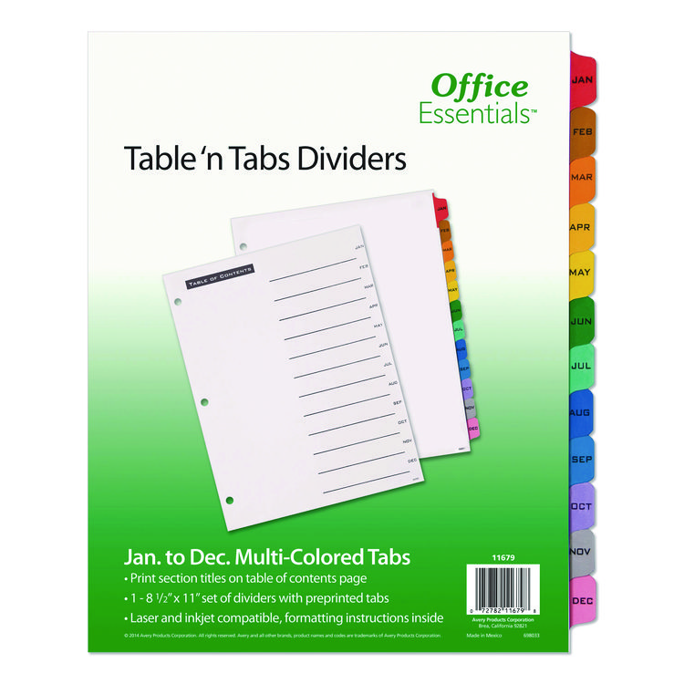 Office Essentials Table 'n Tabs Dividers, 12-Tab, Jan. to Dec., 11 x 8.5, White, Assorted Tabs, 1 Set (AVE11679)