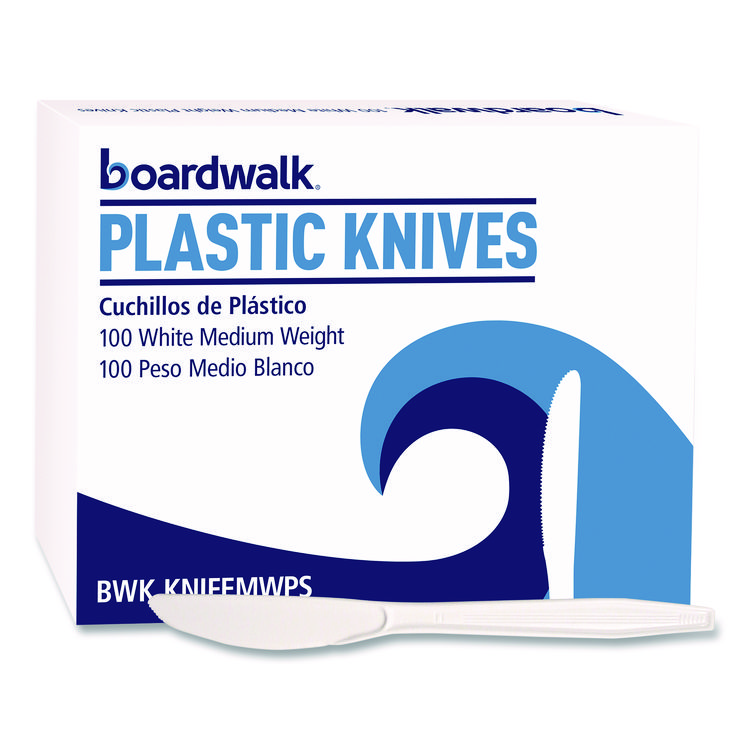 Boardwalk Mediumweight Polystyrene Cutlery, Knife, Plastic, White, 100/Box (BWKKNIFEMWPSBX)