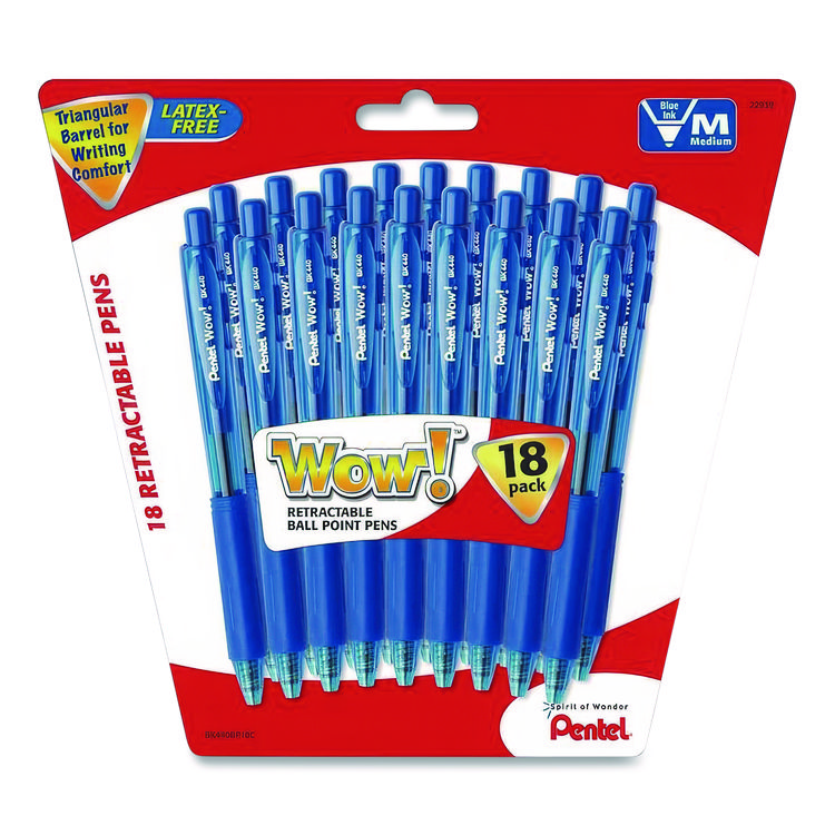 Pentel WOW! Ballpoint Pen, Retractable, Medium 0.7 mm, Blue Ink, Translucent Blue/Blue Barrel, 18/Pack (PENBK440BP18CPK)