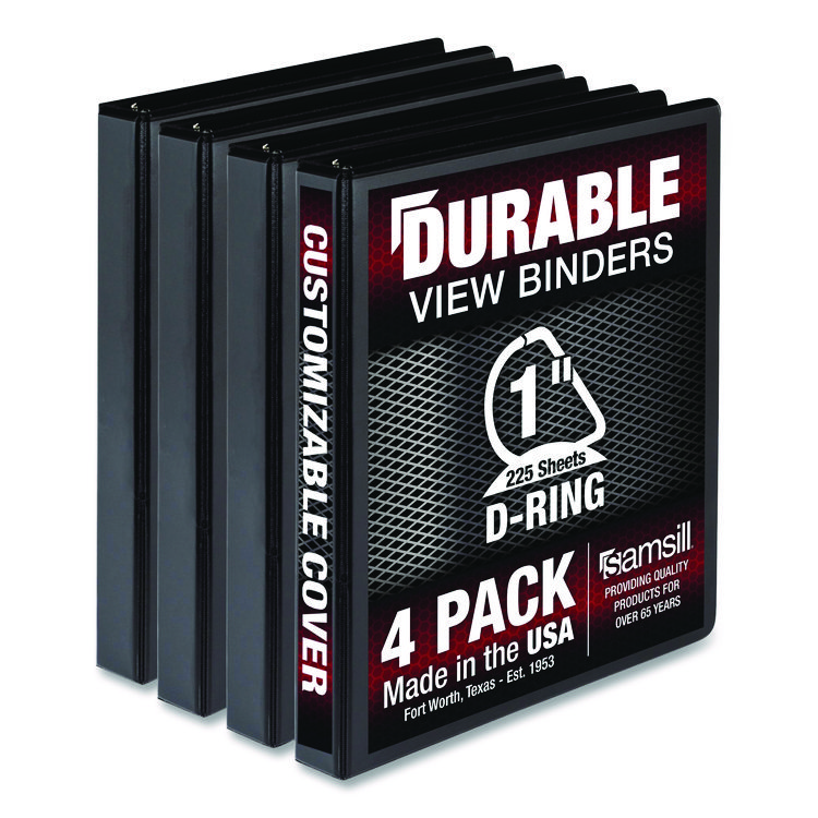 Samsill Durable D-Ring View Binders, 3 Rings, 1" Capacity, 11.5" x 8.5", Black, 4/Pack (SAMMP46430)