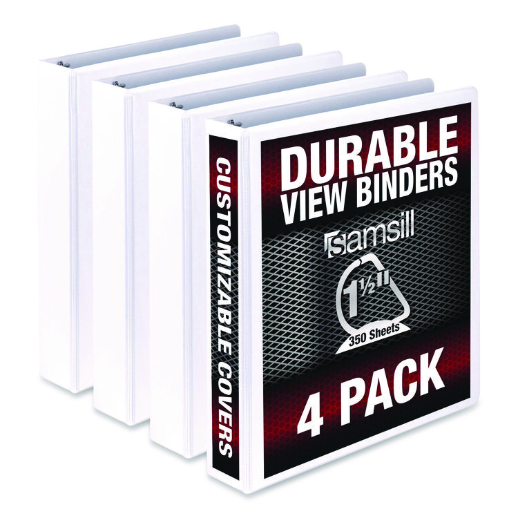 Samsill Durable D-Ring View Binders, 3 Rings, 1.5" Capacity, 11.5" x 8.5", White, 4/Pack (SAMMP46457)