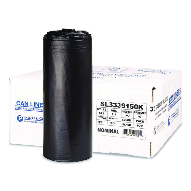 Inteplast Group Low-Density Commercial Can Liners, 33 gal, 1.5 mil, 33" x 39", Black, Interleaved Roll, 20 Bags/Roll, 5 Rolls/Carton (IBSSL3339150K)