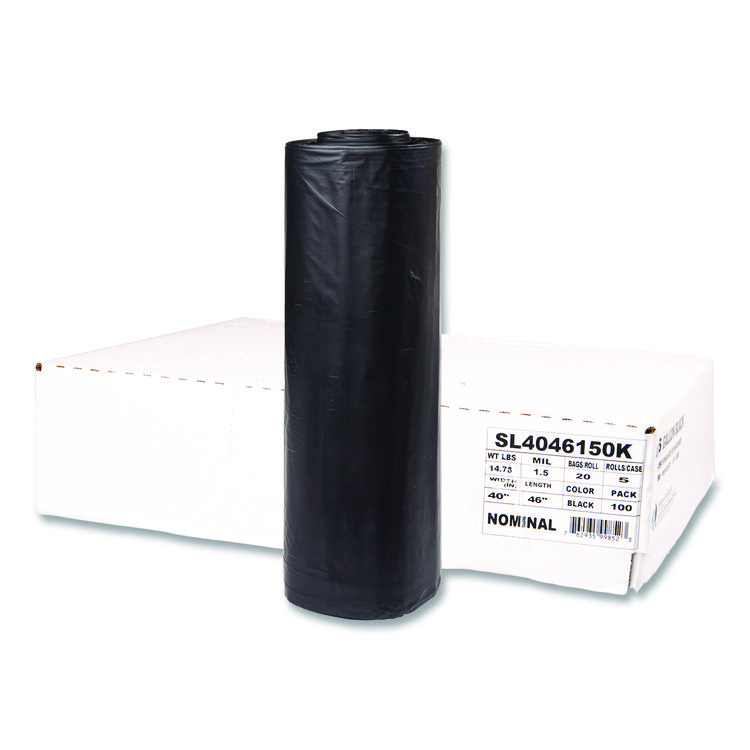 Inteplast Group Institutional Low-Density Can Liners, 45 gal, 1.5 mil, 40" x 46", Black, Interleaved Roll, 20 Bags/Roll, 5 Rolls/Carton (IBSSL4046150K)