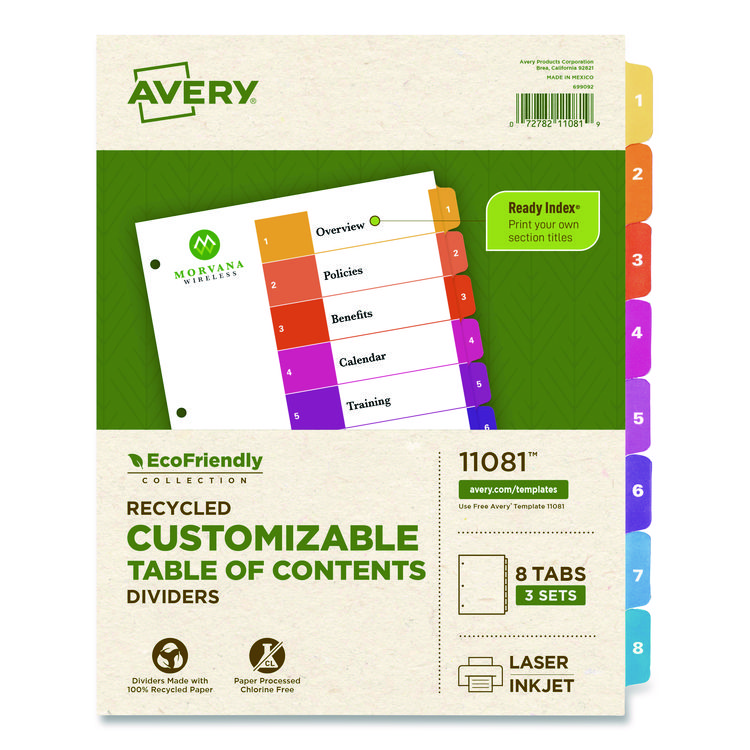 Avery Customizable Table of Contents Ready Index Dividers with Multicolor Tabs, 8-Tab, 1 to 8, 11 x 8.5, White, 3 Sets (AVE11081)