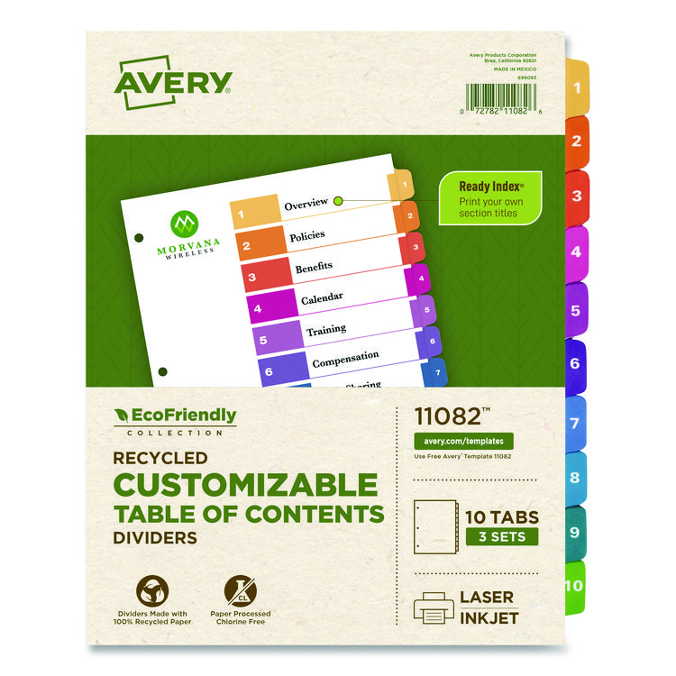 Avery Customizable Table of Contents Ready Index Dividers with Multicolor Tabs, 10-Tab, 1 to 10, 11 x 8.5, White, 3 Sets (AVE11082)