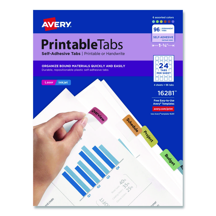 Avery Printable Plastic Tabs with Repositionable Adhesive, 1/5-Cut, Assorted Colors, 1.25" Wide, 96/Pack (AVE16281)