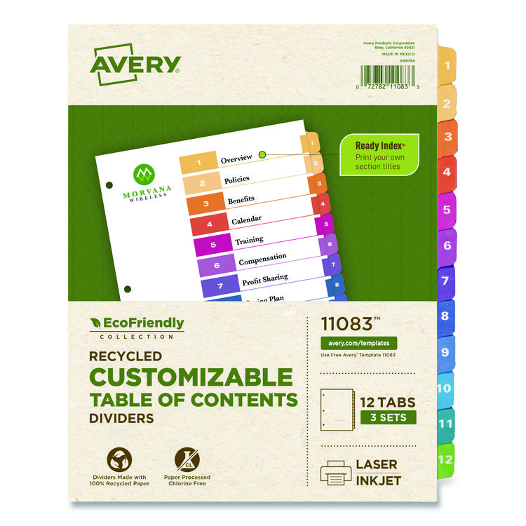 Avery Customizable Table of Contents Ready Index Dividers with Multicolor Tabs, 12-Tab, 1 to 12, 11 x 8.5, White, 3 Sets (AVE11083)