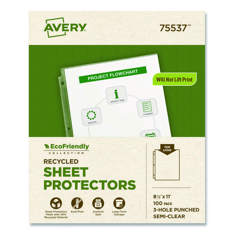 Avery Recycled Economy Weight Sheet Protector, Side: 3-Hole Punched, Top Load 8.5 x 11 Insert, Semi-Clear Front, 100/Box (AVE75537)