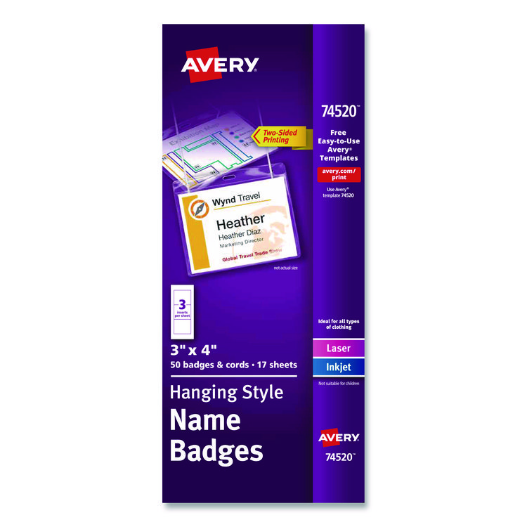 Avery Necklace-Style Badge Holder w/Laser/Inkjet Insert, Top Load, 4 x 3, WE, 50/Box (AVE74520)