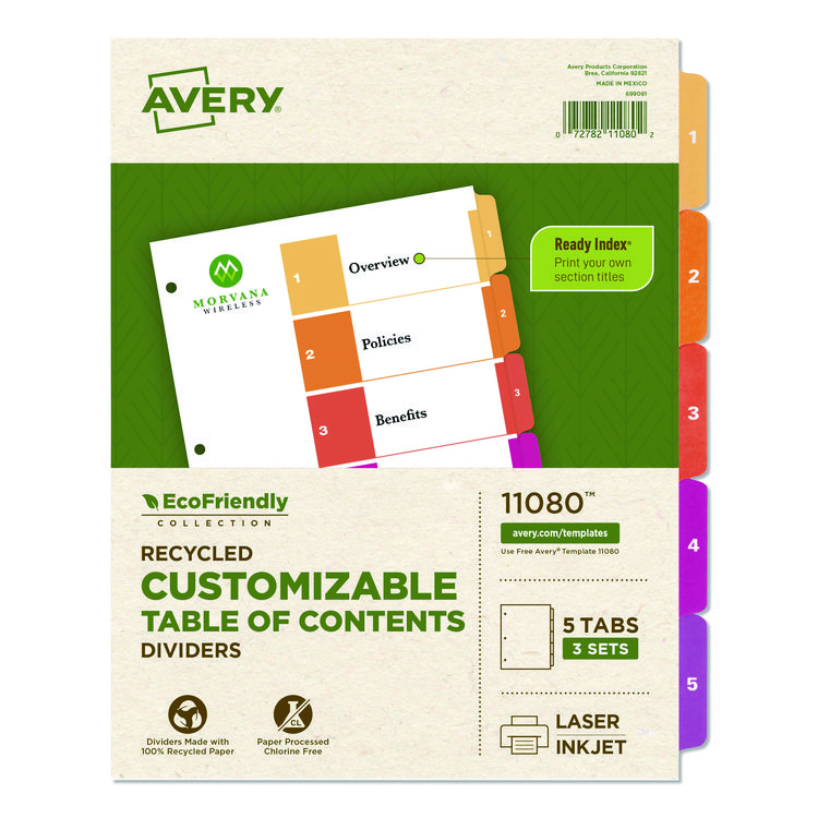 Avery Customizable Table of Contents Ready Index Dividers with Multicolor Tabs, 5-Tab, 1 to 5, 11 x 8.5, White, 3 Sets (AVE11080)