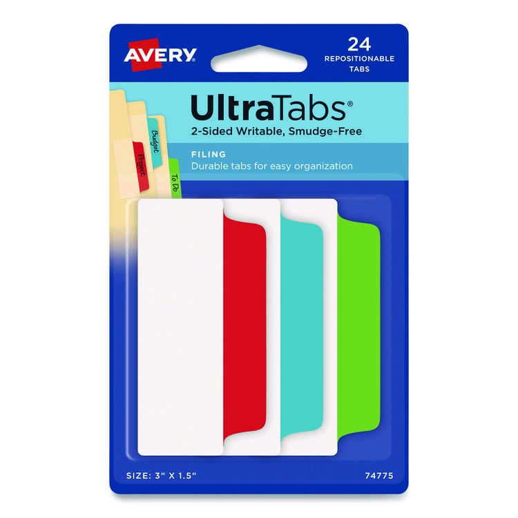 Avery Ultra Tabs Repositionable Tabs, Wide and Slim: 3" x 1.5", 1/3-Cut, Assorted Colors, 24/Pack (AVE74775)