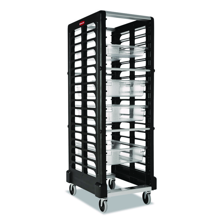Rubbermaid Commercial End Loader Rack for Food Boxes and Sheet Pans, 18 Rack, Plastic, 23.75" x 28.75" x 67.88", Black (RCPFG332000BLA)
