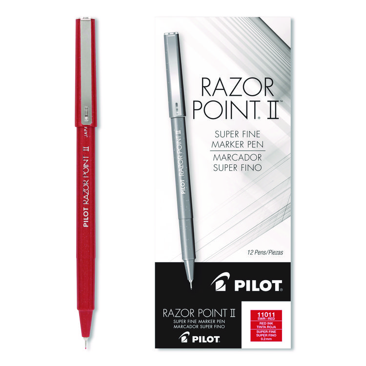 Pilot Razor Point II Super Fine Line Porous Point Pen, Stick, Super-Fine 0.2 mm, Red Ink, Red Barrel, Dozen (PIL11011)