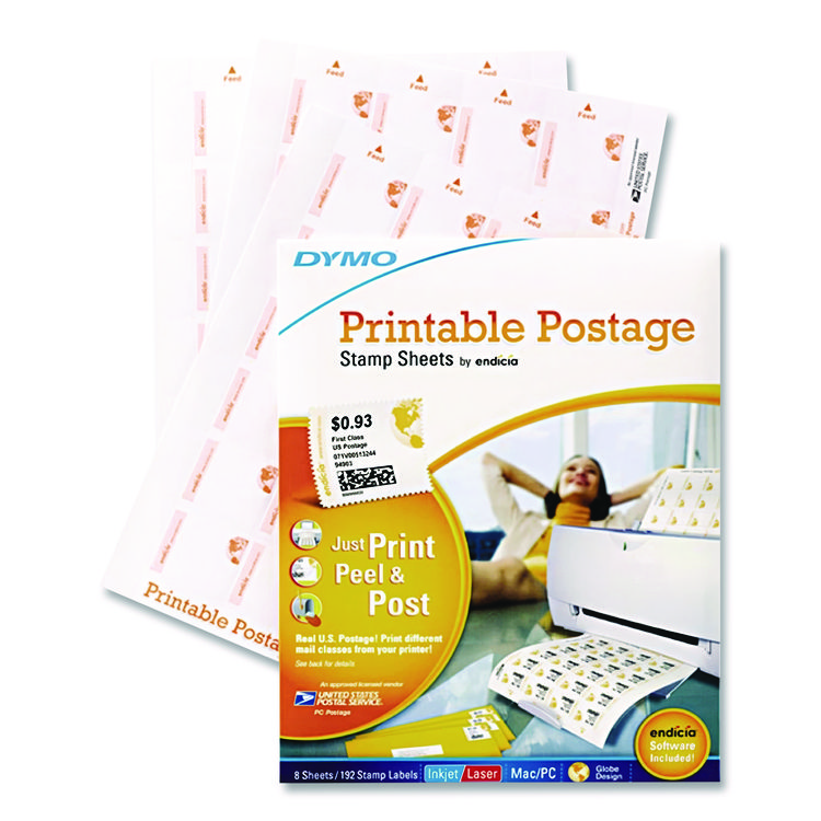 DYMO Printable Postage Stamp Sheets, White, 24 Labels/Sheet, 8 Sheets, 192 Labels/Pack (DYM1750042)
